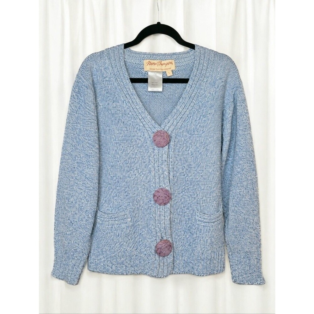 Norm Thompson 90s Blue Cotton Blend Purple Swirl Buttons Knit Cardigan Sweater